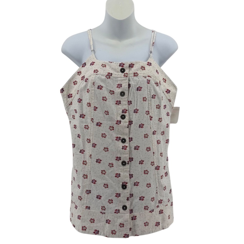 Free People Maddie Printed Tunic Cotton‎ Floral Button Front Cream Red Blue S